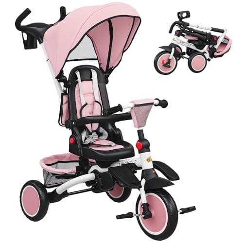 Qaba Toddler Tricycle, 6 in 1 Foldable Kids Trike with Adjustable Push Handle, Removable Canopy, Rotatable Seat, Safety Harness, Detachable...