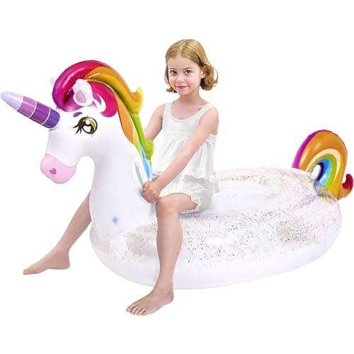 JOYIN Unicorn Pool Float Kids - Flotteur gonflable de licorne arc-en-ciel avec des flotteurs de piscine amusants à paillettes, balade sur le salon de radeau de flotteurs de lac de plage de licorne,...