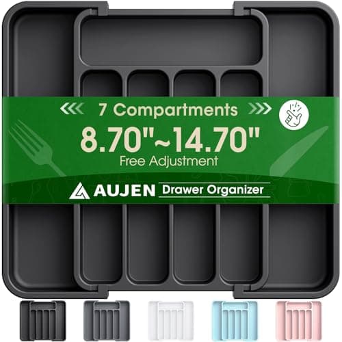 Prix le plus bas en 30 jours | AUJEN Organisateur de couverts - Organisateur de tiroir à ustensiles extensible, Organisateur de plateau à couverts réglable...