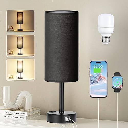 Fenmzee Lampe de chambre noire pour table de chevet - Lampe de chevet à intensité variable à 3 voies, ports de charge USB C A et prise secteur, petite lampe de table base noire pour...