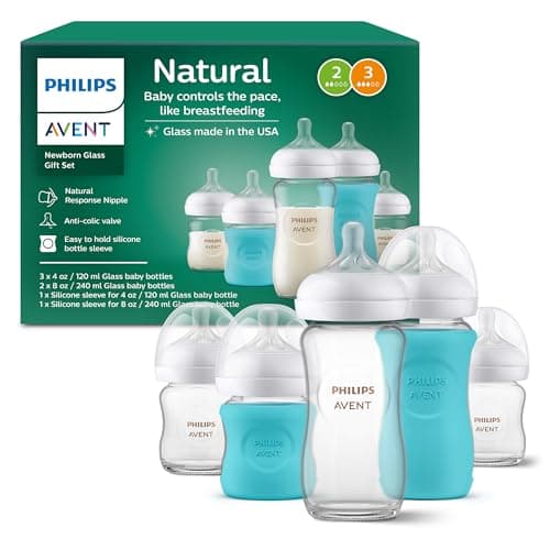 Coffret cadeau en verre naturel pour nouveau-né Philips Avent, biberons avec tétines à réponse naturelle, 3x 4 oz (débit lent, débit 2) ...