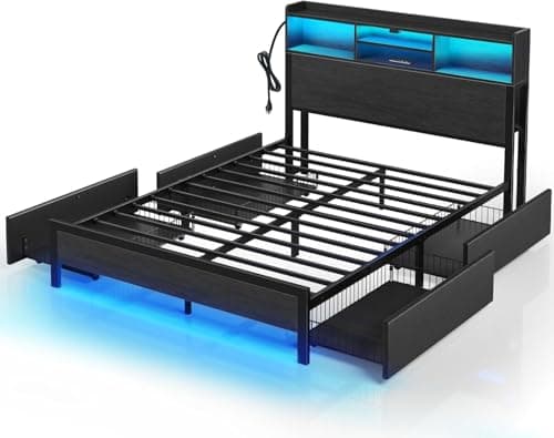 Cadre de lit queen Rolanstar avec tête de lit de rangement, lit plateforme en métal avec station de recharge, cadre de lit LED avec 4 tiroirs, aucun sommier tapissier nécessaire,...