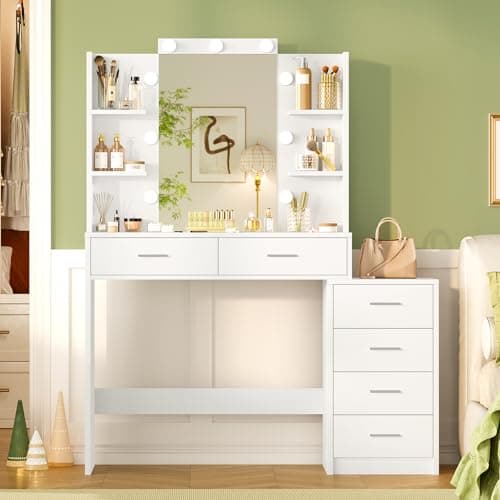 TEENFON Bureau de coiffeuse avec 6 tiroirs, 6 étagères ouvertes, meuble de maquillage avec miroir et lumières, coiffeuse avec 3 couleurs d'éclairage réglables, chambre à coucher,...