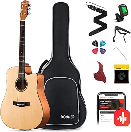 Donner Guitare acoustique débutant pour adulte pleine taille 41 pouces Kit de guitare acoustique pan coupé avec sac de transport Tuner Capo Pickguard String Strap...