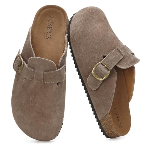 ZUSERIS Womens Mens Suede Leather Clogs Cork Footbed Sandals Arch Support Comfort Mules Soft Potato Shoes with Adjustable Buckle,43 Dark Brown