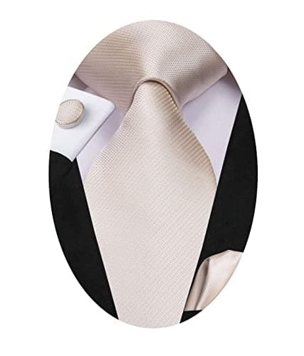 Hi-Tie Men's 63 Inches Extra Long Tie and Silk Pocket Square Necktie Set with Cufflinks Formal Party Wedding,Beige