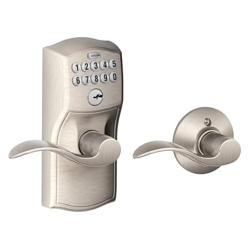 Schlage FE575 CAM 619 ACC Camelot Serrure à clavier avec levier d'accentuation, verrouillage automatique, entrée électronique sans clé, nickel satiné