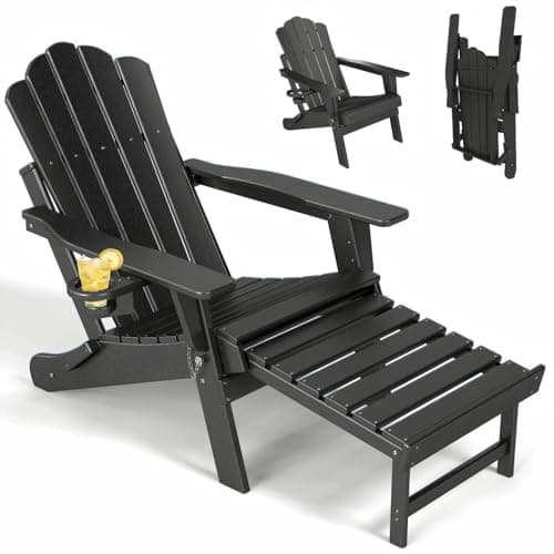 SOINMTY Adirondack Chair with Retractable Ottoman, Folding Adirondack Chair with Cup Holder, All Weather Outdoor Fire Pit Chair for Patio,...