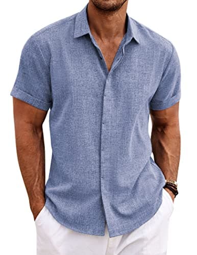 COOFANDY Men's Casual Linen Shirts Button Down Shirt Short Sleeve Cotton Linen Shirts for Men Summer Beach Yoga T Shirts, Denim blue, Large