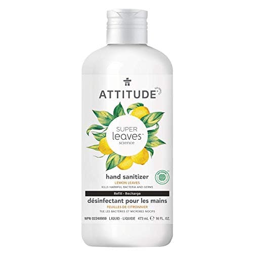 Recharge de désinfectant pour les mains ATTITUDE, vérifié par EWG, tue les germes et les bactéries, végétalien et à base de plantes, sans danger pour les adultes et les enfants, parfum de feuilles de citron, 473 ml