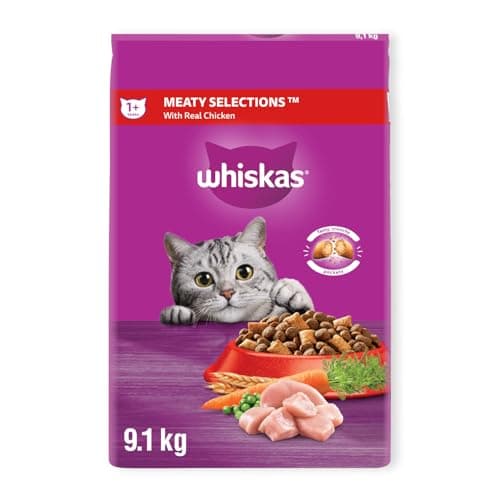 WHISKAS Meaty Selections Nourriture sèche pour chat adulte avec du vrai poulet, 9,1 kg (lot de 1)