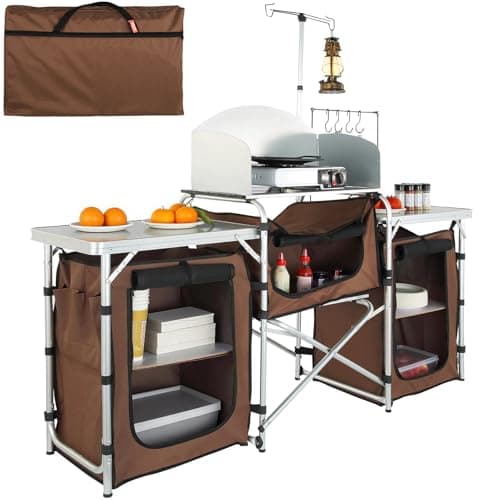 Table de cuisine de camping VEVOR, table de cuisine extérieure pliante avec sac de transport de rangement, station de cuisson en aluminium 3 placards et pare-brise amovible,...