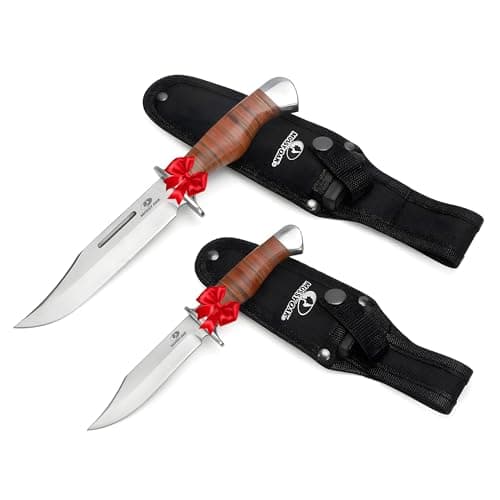 Mossy Oak 2-Piece Bowie Knife, Fixed Blade Hunting Buck Knife Set Leather Handle with Sheath