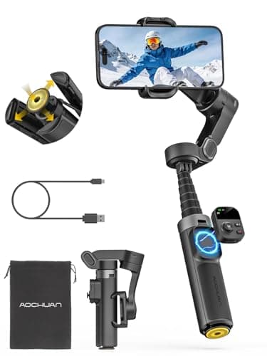 Stabilisateur de cardan à rotation panoramique AOCHUAN à 360° pour iPhone, télécommande magnétique Vontrol, stabilisateur à 3 axes avec tige d'extension intégrée et ouverture à une touche...