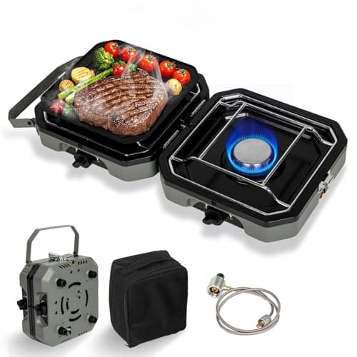 2 Burner Propane Camping Stove with Grill, 14000 BTU Portable Foldable Camp Stove with Steel Braided Hose and Carrying Bag, Adjustable Burners,...