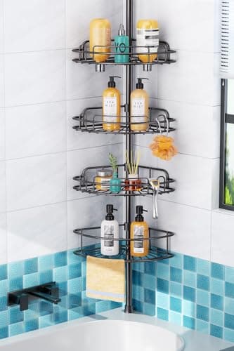 HAMITOR Corner Shower Caddy Tension Pole: 4-Tier Stainless Steel Bathroom Organizers Shelves, High Capacity Bathroom Storage Rack for Shampoo, Soap...