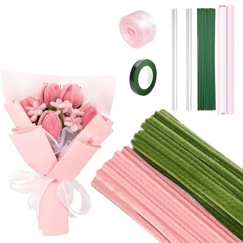 200 Pièces Cure-Pipes Fleur, Tiges de Chenille Floues, Bâtons Fuzzy Cure-Pipes Fournitures Artisanales pour Kit en Vrac de Fleur de Tulipe DIY (Rose)