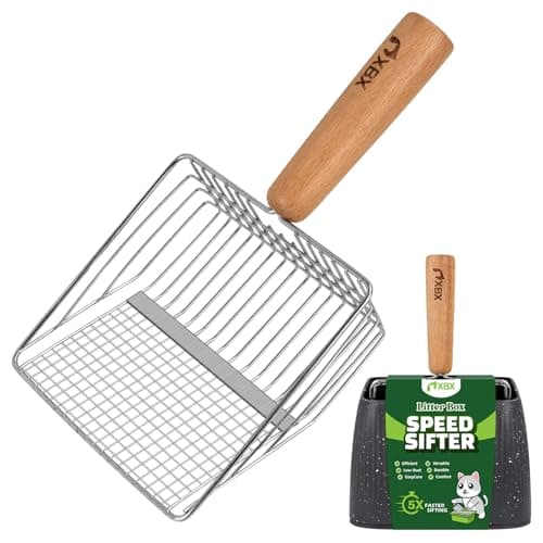 XBX Pelle à litière pour chat avec support, tamis à litière robuste, pelle à litière en acier inoxydable, pelle à litière avec poignée en bois de hêtre et support lavable,...