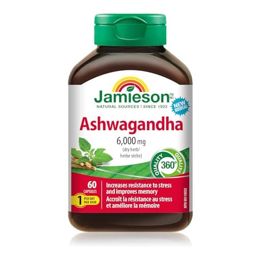 Ashwagandha haute puissance Jamieson 6 000 mg, augmente la résistance au stress, l'adaptogène et améliore la mémoire. Sans OGM, végétarien, sans gluten, uniquement...