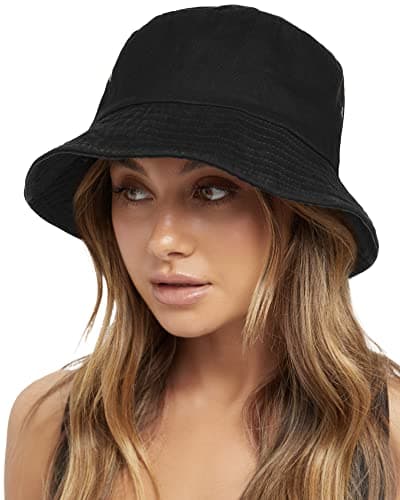 FURTALK Chapeaux Seau pour Femmes en Coton Lavé Pliable Chapeaux de Soleil de Plage d'été Chapeau Seau pour Hommes Femmes avec Cordes pour Voyage Noir