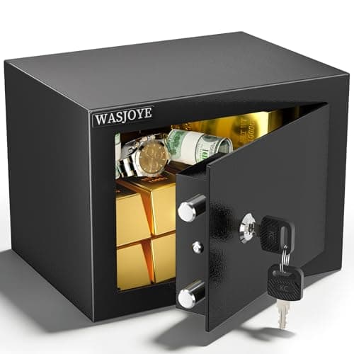 WASJOYE Coffre-fort d'armoire à domicile, coffre-fort de haute sécurité avec serrure à clé, coffre-fort en acier de 0,5 pieds cubes pour la maison/bureau/hôtel, coffre-fort d'armoire...