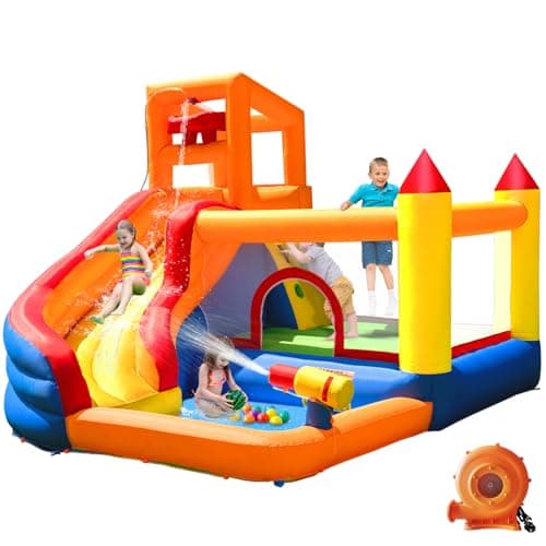 Château gonflable de toboggan aquatique HuaKastro pour enfants avec piscine, centre de jeu gonflable intérieur/extérieur 5-en-1 pour escalader, glisser, sauter et...