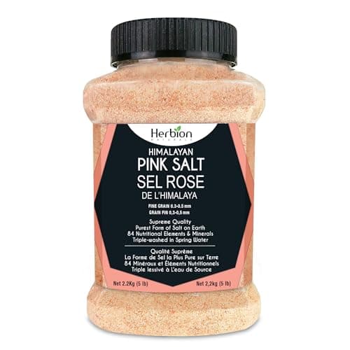 Sel rose de l'Himalaya Herbion Naturals - Grains fins - Pot incassable de 5 lb (2,2 kg) - Certifié casher - Sans OGM - Végétalien - Qualité suprême -...