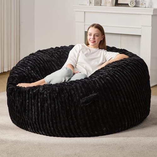 Bean Bag Chairs for Adults Beanbag Chair with Stripe Plush Cover Large Bean Bag Chair Big Bean Bag Chair for Living Room Bedroom Dorm (Black, 5FT)