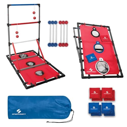 Lancement de sacs de haricots à échelle à 2 équipes Sportcraft - Jeu combiné, 8 sacs de haricots, 6 bolas, 2 barres de score - Jeu d'extérieur 2 en 1, ...