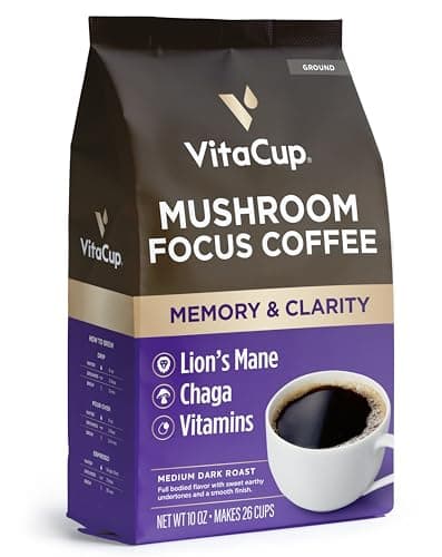 VitaCup Café aux champignons moulu avec crinière de lion, chaga et vitamines pour le soutien et la concentration immunitaires, cafetières goutte à goutte et presse française, 10 onces