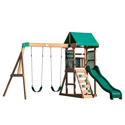 Backyard Discovery Buckley Hill Balançoire en bois de cèdre avec toboggan, balançoires, mur de roche et tableau noir, aire de jeux extérieure pour enfants, assemblage facile