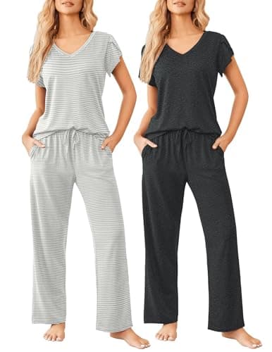 Ekouaer 2 Pack Womens Pajamas Set Short Sleeve Sleepwear Top with Pants Soft Loungewear S-XXL