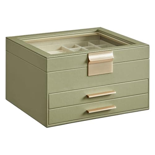 SONGMICS GISELLA Collection - Jewelry Box Organizer, 3-Layer Jewelry Storage with 2 Drawers, Shiny Metal Hardware, Glass Lid, Modern, 20.3 x 23.1 x...