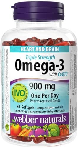 Webber Naturals Omega-3 avec CoQ10, 80 gélules entériques claires sans arrière-goût de poisson, soutient la santé cardiovasculaire et la fonction cérébrale