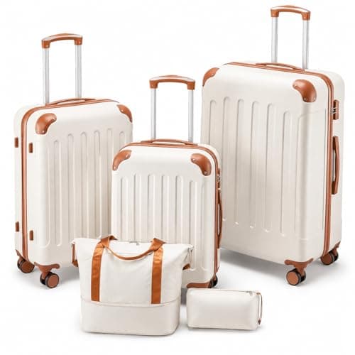 YOETEY Ensembles de bagages 5 pièces, valise rigide légère et durable pour voyager avec roulettes et serrure TSA, blanc marron
