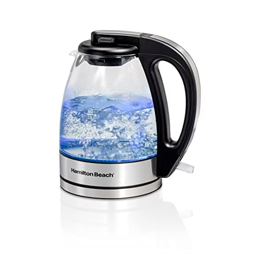 Hamilton Beach Bouilloire électrique en verre, chaudière à eau et chauffage, 1 L, sans fil, indicateur LED, arrêt automatique et protection contre l'ébullition à sec (40930C), transparent