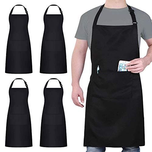 4 Packs Chef Apron, Black Waterproof Apron, Adjustable Apron with 2 Pockets for Men Women, Professional Apron for Kitchen Cooking Gardening...
