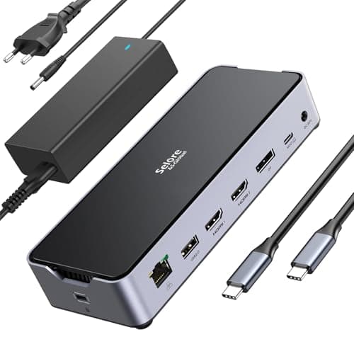 Station d'accueil USB C à triple écran avec chargement pour ordinateur portable, station d'accueil USB C Selore 3 moniteurs avec alimentation CC 150 W, 2 HDMI, USB...
