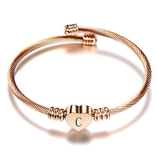 Luluadorn Rose Gold Heart C Letter Bracelets Engraved Initial Charms Cuff Bracelet Stainless Steel Expandable for Mom Sister Personalized Gifts