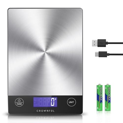 CROWNFUL Food Scale, Rechargeable 304 Stainless Steel Digital Kitchen Scale Upto 33lb Weight Grams and Ounces with LCD Display and Type-C Charging...