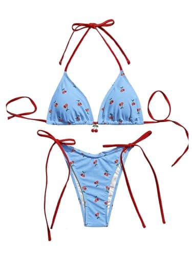 WDIRARA Maillot de bain 2 pièces pour femme Imprimé cerise Ensemble bikini dos nu Triangle Attache latérale String Maillot de bain Bleu S