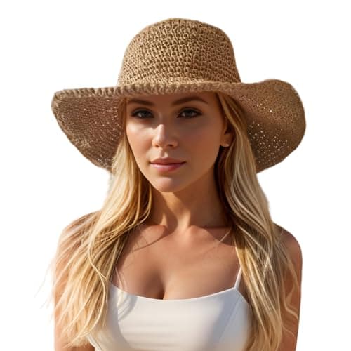Askljeby Floppy Big Beach Chapeaux de Paille pour Femmes Pliables d'été à Large Bord Pliable Chapeau de Soleil surdimensionné Chapeau Fedora de Paille de Voyage pour Femmes, Kaki-4, 7...