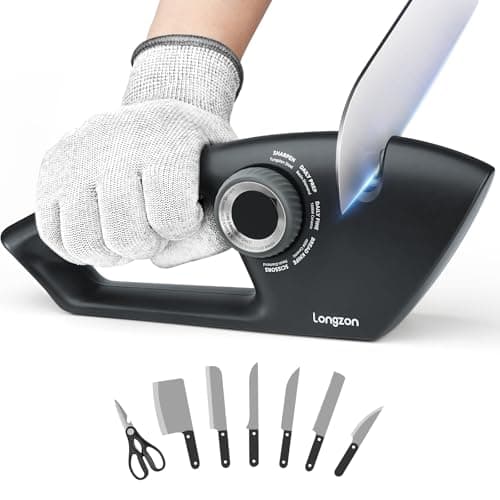 Aiguiseur de couteaux Longzon 6 en 1 5 étapes pour couteaux dentelés, ciseaux avec gant résistant aux coupures, lames polies originales de qualité supérieure, meilleur couteau de cuisine...