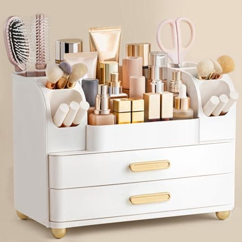 HBlife Organisateur de maquillage pour vanité avec porte-pinceaux, grand comptoir de salle de bain, organisateur de cosmétiques, rangement de soins de la peau, facile à ranger rouges à lèvres, ongles...