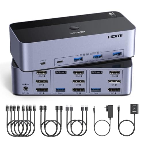 UGREEN 8K@60Hz HDMI Displayport KVM Switch 3 Monitors 2 Computers, Aluminum 4K@240Hz with 4 USB 3.0 Ports for 2 Computers Share 3 Monitors with 4...