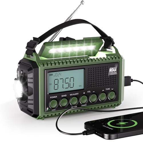 Radio d'urgence 12 000 mAh à manivelle solaire alimentée par piles AAA, radio météo AM FM avec lampe de poche, lampe de lecture, chargeur de téléphone, horloge, alerte SOS...