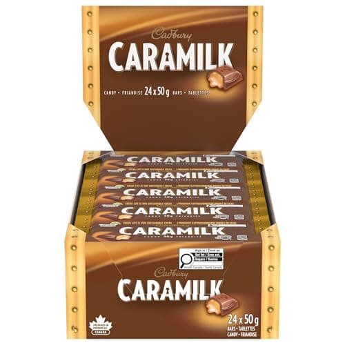 Cadbury Caramilk, barres chocolatées pleine grandeur, friandises sucrées, emballées individuellement, 50 g (paquet de 24 barres de chocolat sucré)