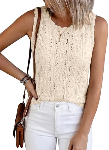 BTFBM Hauts en crochet pour femme, pull en tricot sans manches, débardeur, été, printemps 2026, vêtements de plage, de vacances (beige, moyen)