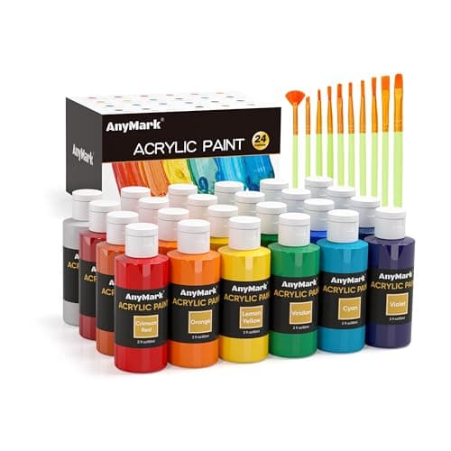 AnyMark Ensemble de peinture acrylique, 24 couleurs classiques avec 10 pinceaux, flacons de 60 ml, kit d'art, fournitures de peinture pour enfants et adultes, toile, roche, bois