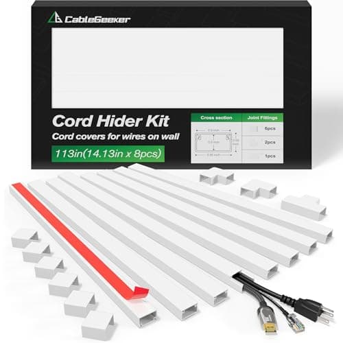 Kit de cache-câble CableGeeker, cache-câbles de 113 pouces pour fils au mur, chemin de câbles autocollant à peindre, cache-fils pour montage mural TV et bureau à domicile...